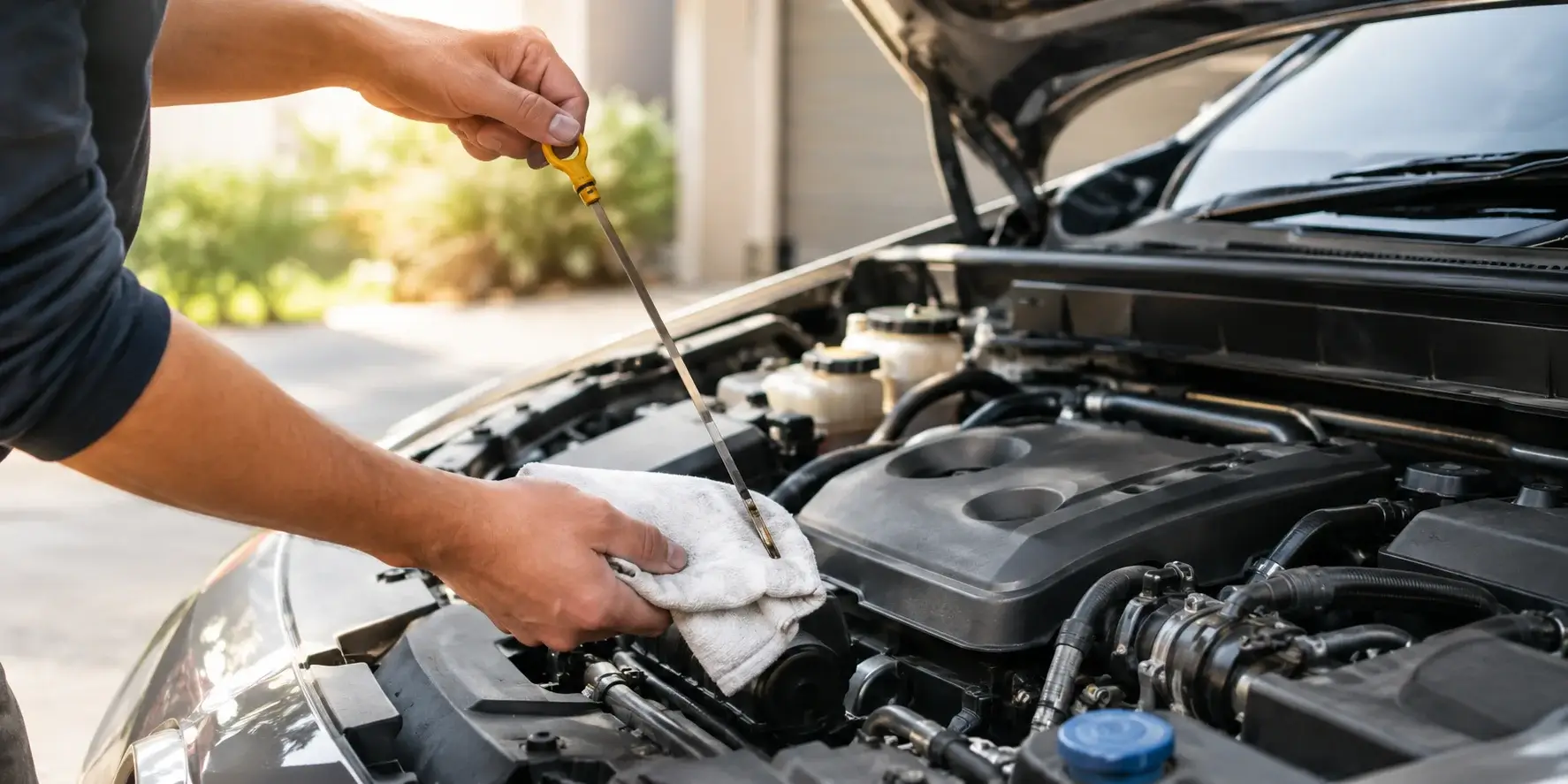 Person checking engine oil level with a dipstick under an open car hood