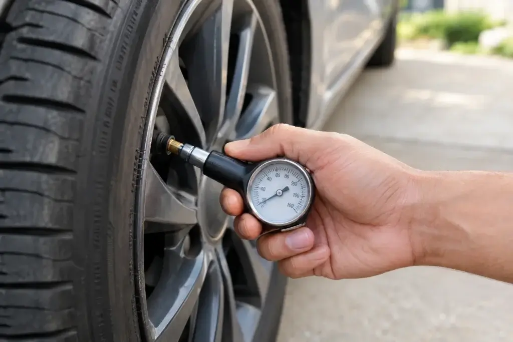 Car Maintenance Checklist Hand checking tire pressure with a gauge on a car's tire valve stem