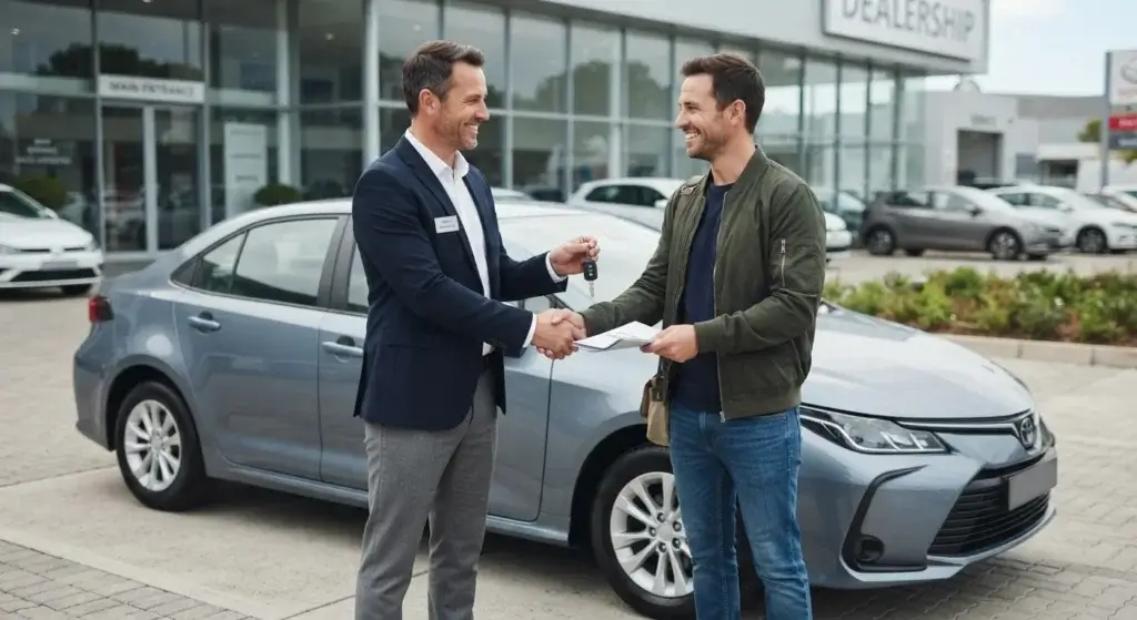 Person shaking hands with a dealer while exchanging car keys