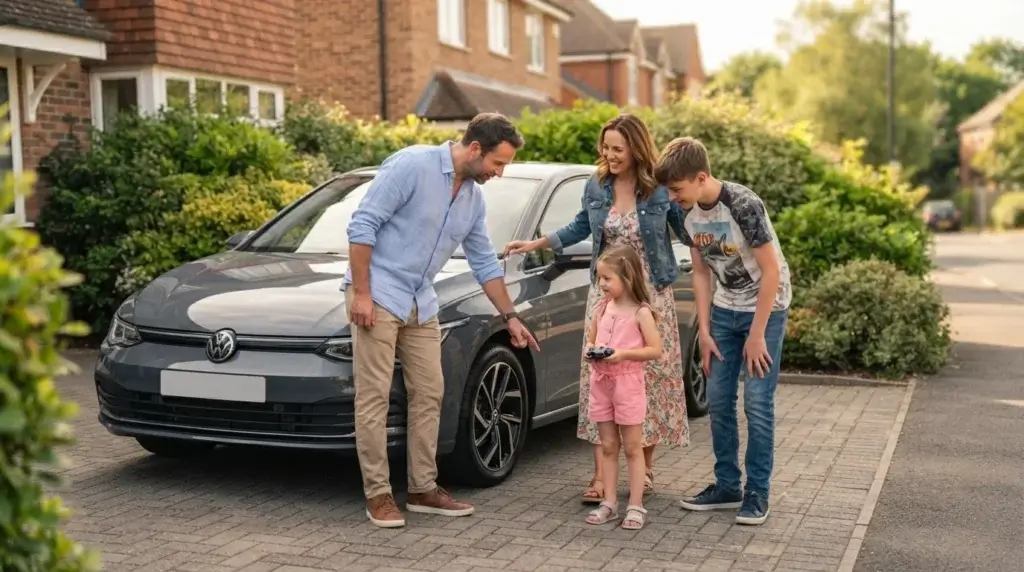 Family standing beside their car in a driveway