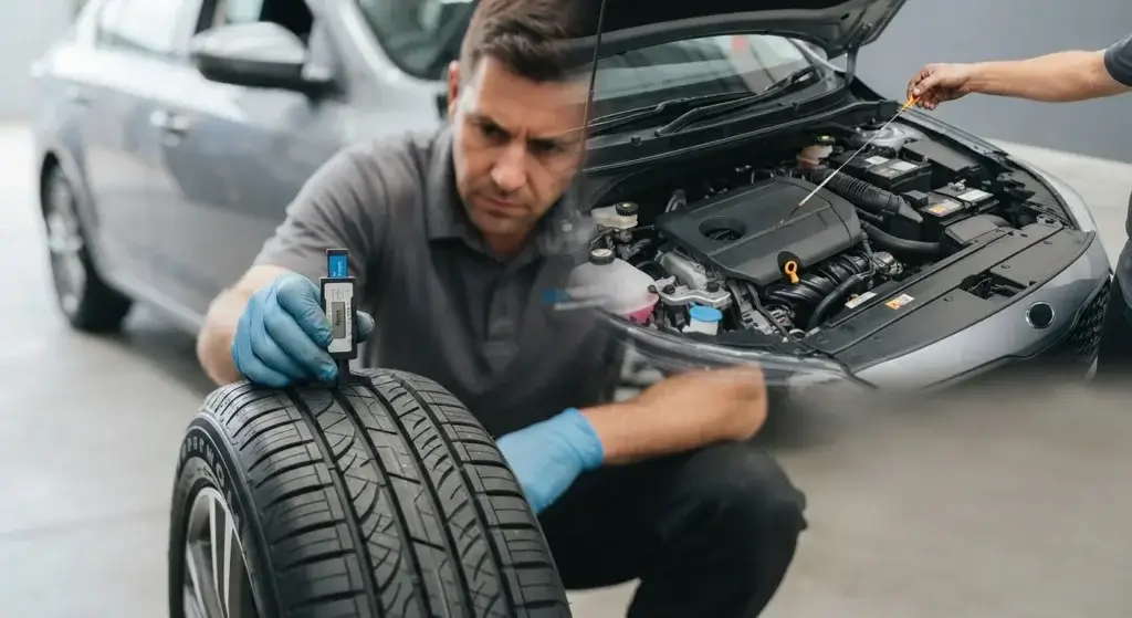 Person inspecting a car's tyre and engine before purchase