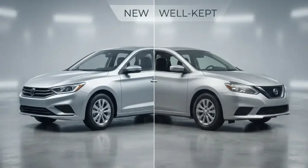 New car and used car shown side by side for comparison