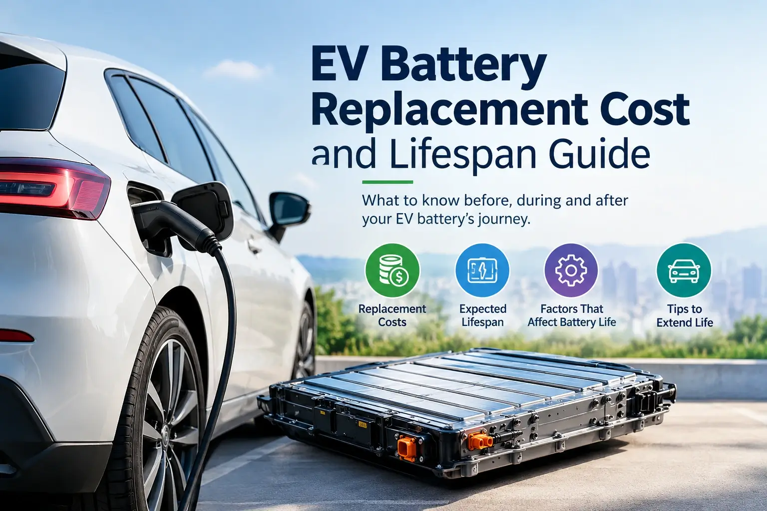 Electric car charging beside an EV battery pack for a battery replacement cost and lifespan guide.